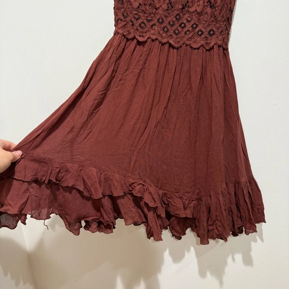 Free People FP One Adella Slip Dress Brown Lace Boho Ruffle Mini Dress Medium M